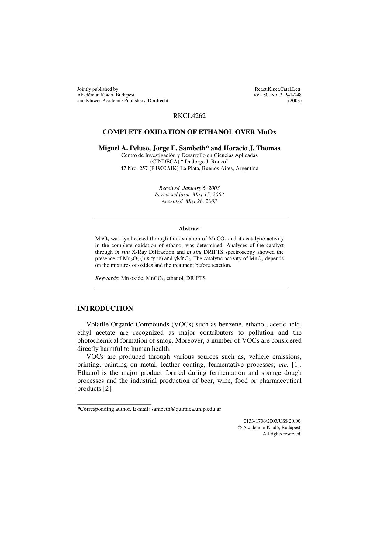 Complete oxidation of ethanol over MnOx by Unknown