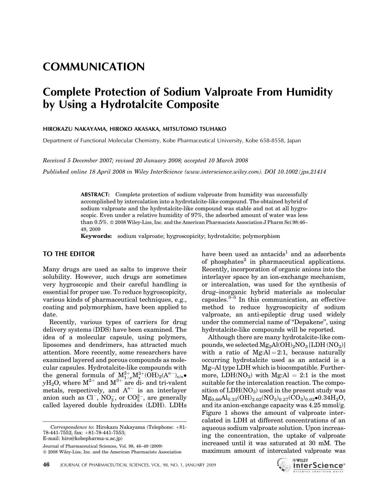 Complete protection of sodium valproate from humidity by using a hydrotalcite composite by Unknown