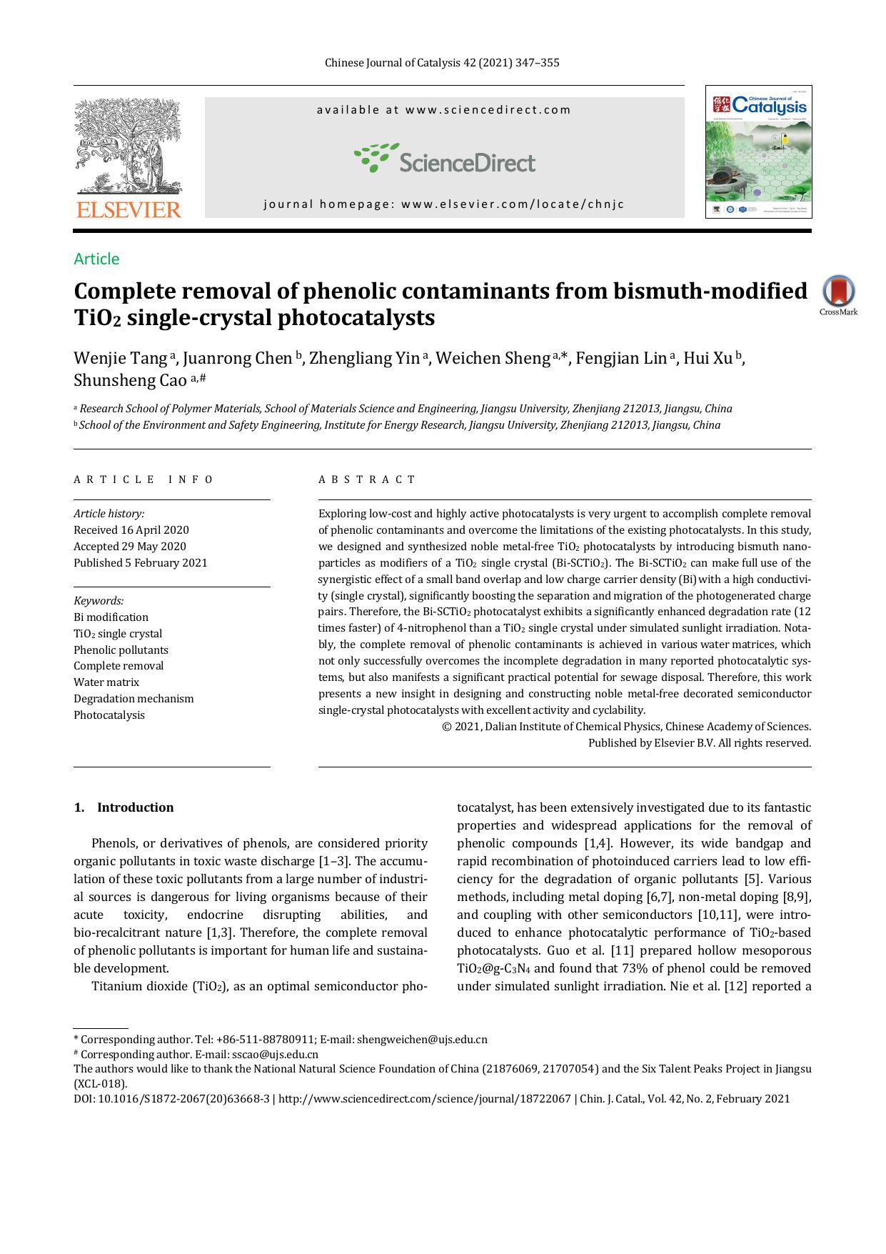 Complete removal of phenolic contaminants from bismuth-modified TiO2 single-crystal photocatalysts by Wenjie Tang & Juanrong Chen & Zhengliang Yin & Weichen Sheng & Fengjian Lin & Hui Xu & Shunsheng Cao