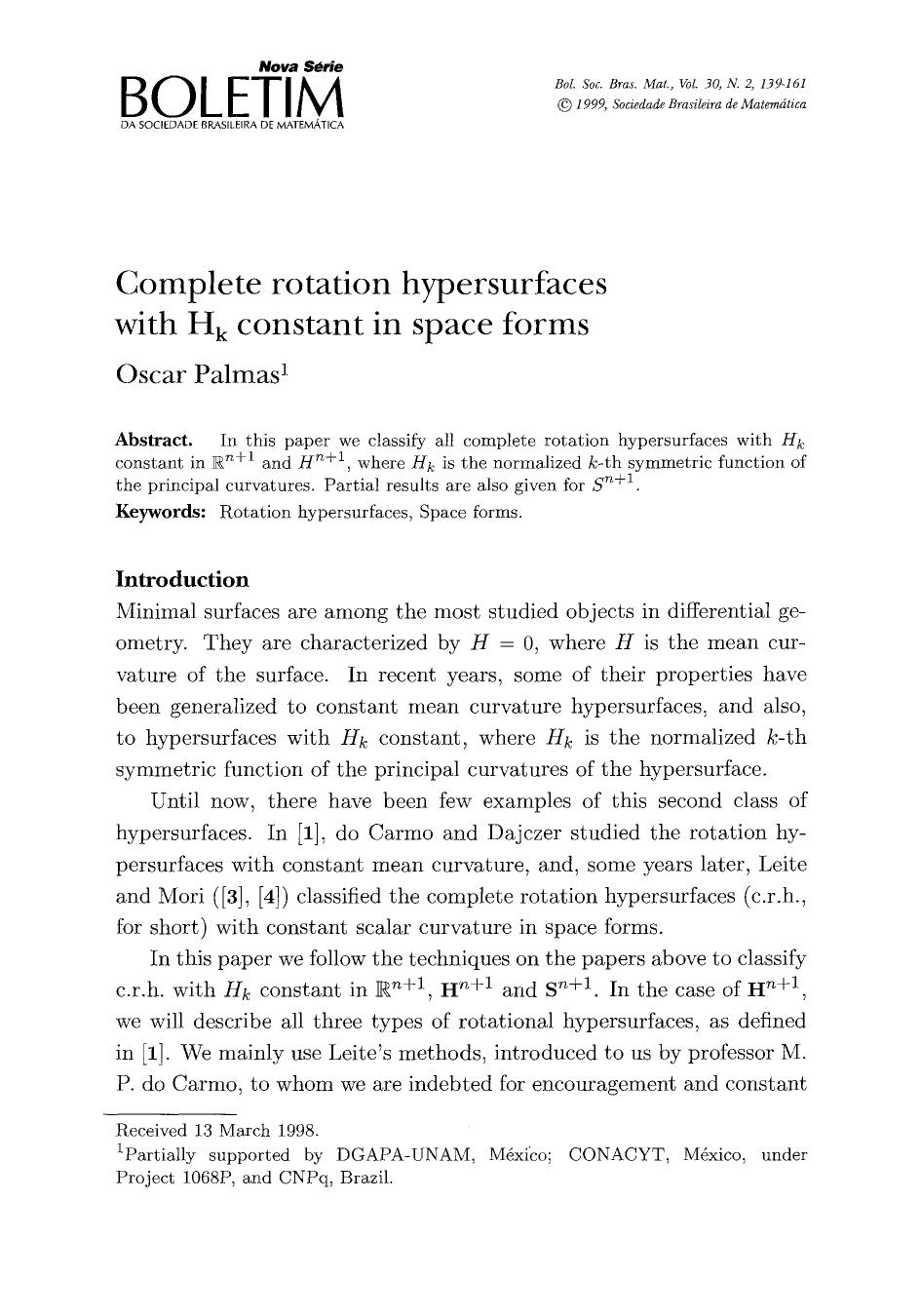 Complete rotation hypersurfaces with H <Subscript>k <Subscript> constant in space forms by Unknown