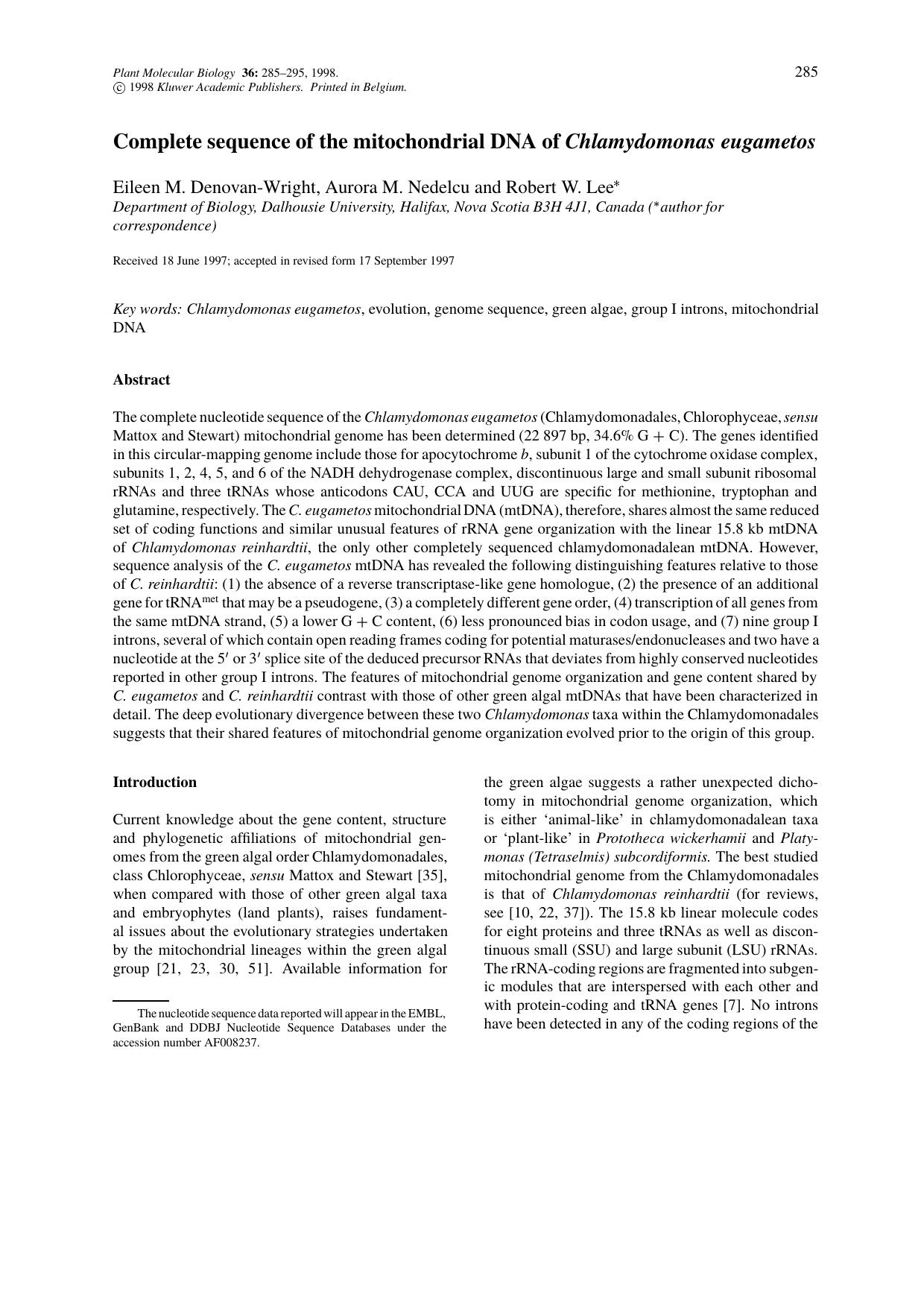 Complete sequence of the mitochondrial DNA of Chlamydomonas eugametos by Unknown