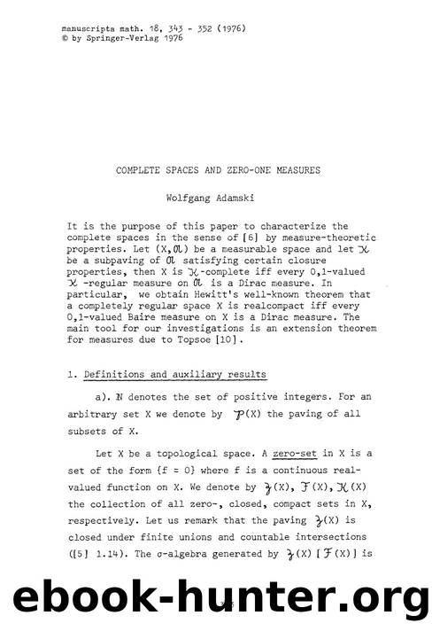 Complete spaces and zero-one measures by Unknown