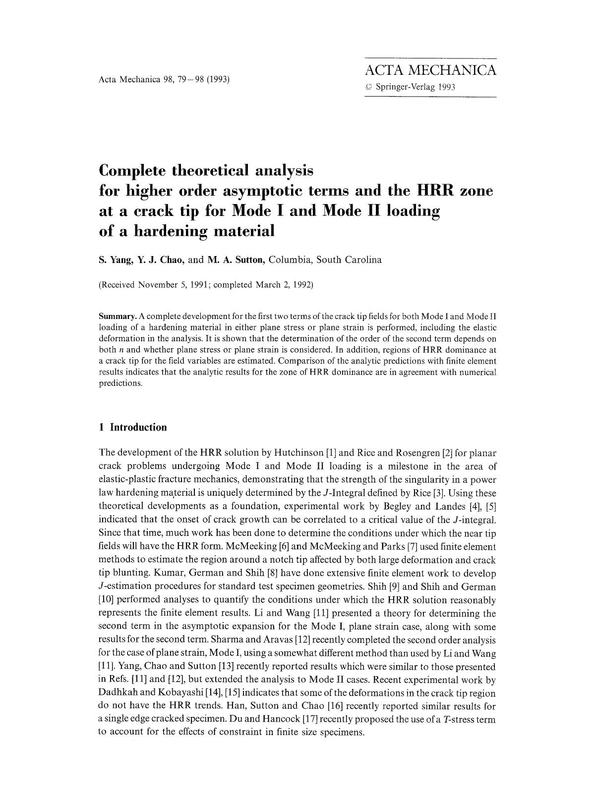 Complete theoretical analysis for higher order asymptotic terms and the HRR zone at a crack tip for Mode I and Mode II loading of a hardening material by Unknown