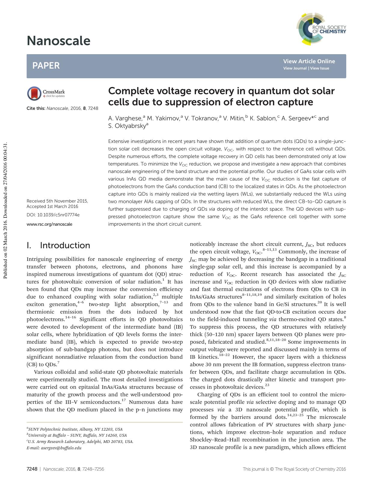 Complete voltage recovery in quantum dot solar cells due to suppression of electron capture by A. Varghese M. Yakimov V. Tokranov V. Mitin K. Sablon A. Sergeev S. Oktyabrsky