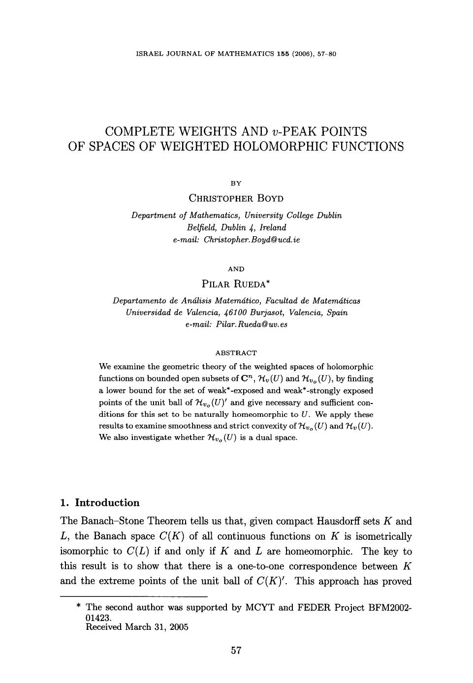 Complete weights and <Emphasis Type="Italic">v <Emphasis>-peak points of spaces of weighted holomorphic functions by Unknown