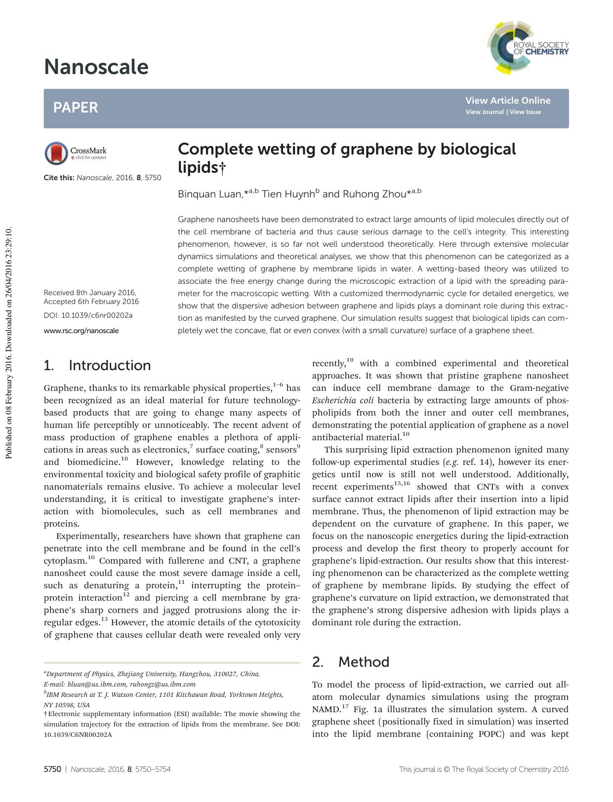 Complete wetting of graphene by biological lipids by Binquan Luan Tien Huynh Ruhong Zhou