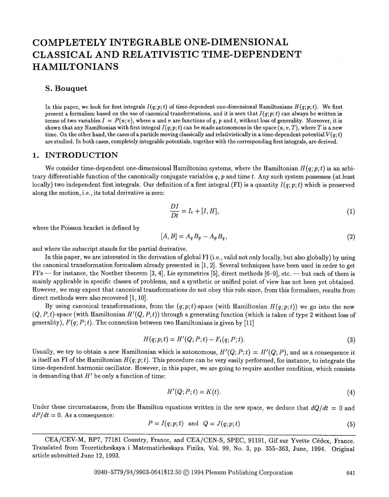 Completely integrable one-dimensional classical and relativistic time-dependent Hamiltonians by Unknown