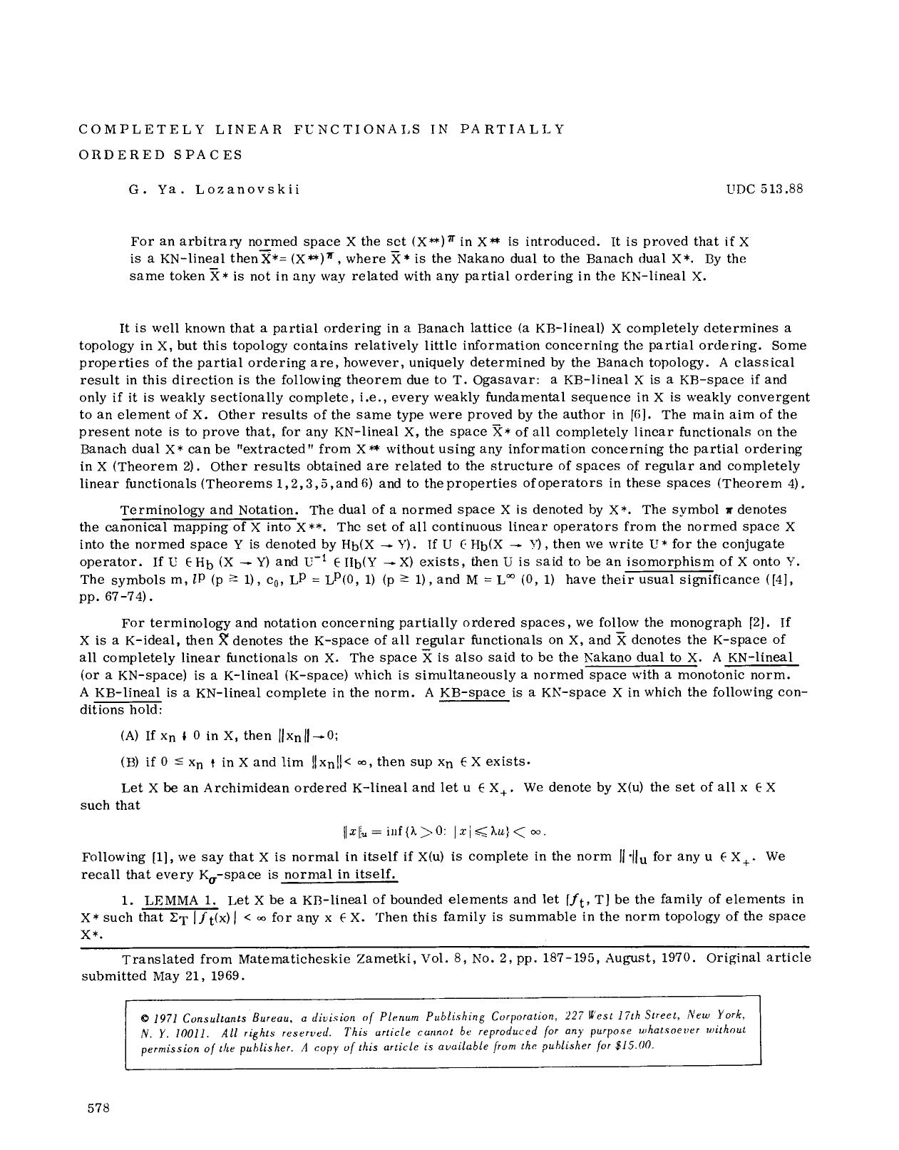 Completely linear functionals in partially ordered spaces by Unknown
