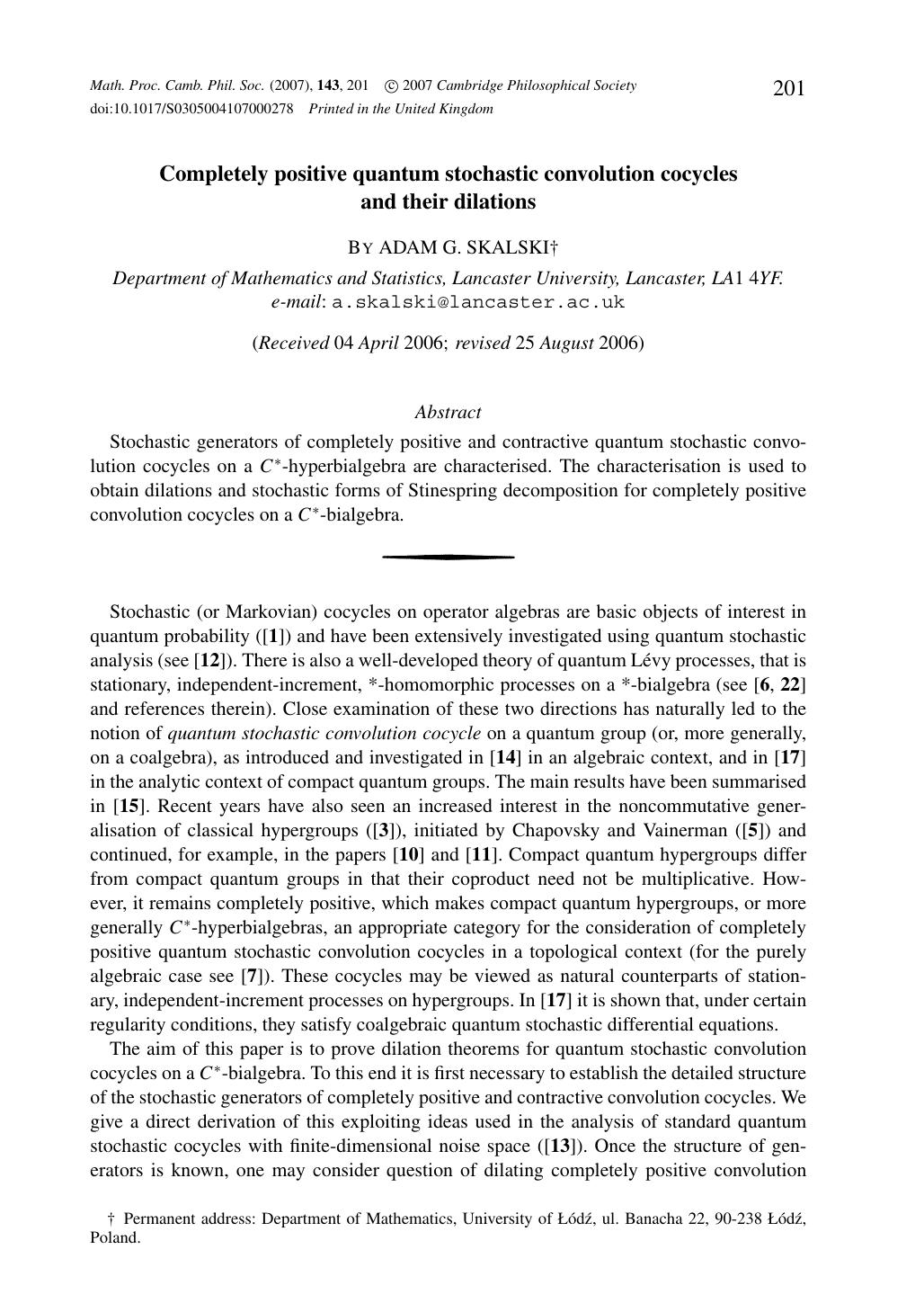 Completely positive quantum stochastic convolution cocycles and their dilations by ADAM G. SKALSKI