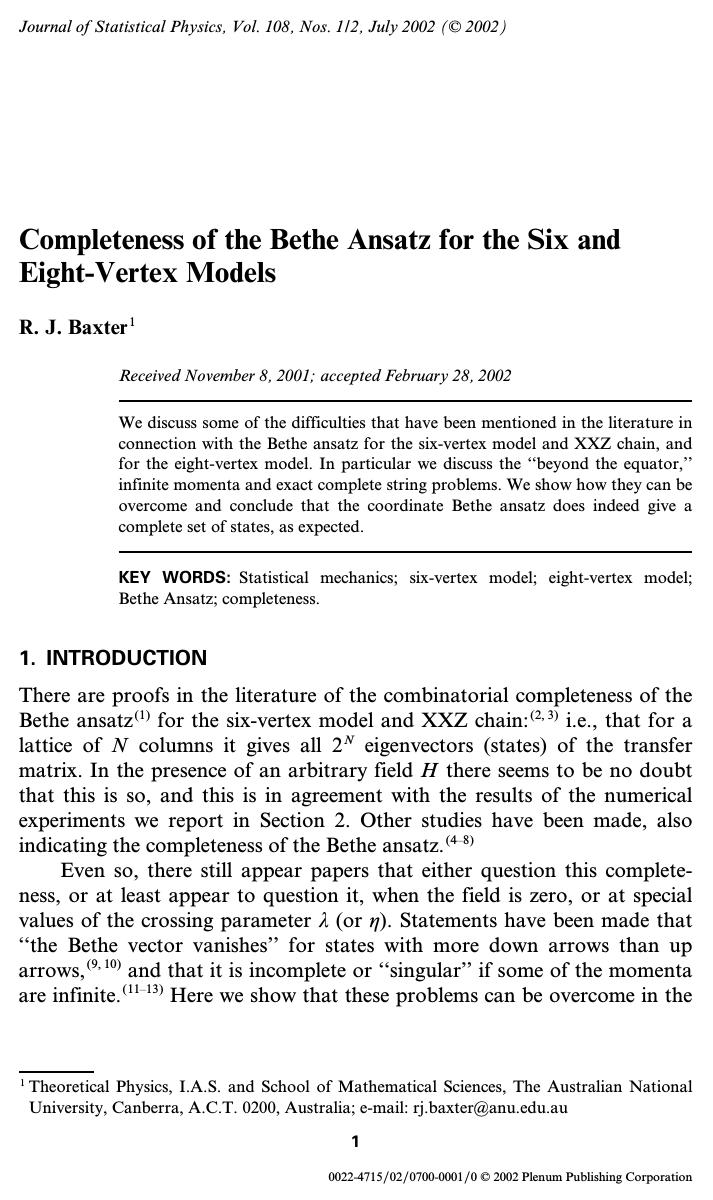 Completeness of the Bethe Ansatz for the Six and Eight-Vertex Models by Unknown