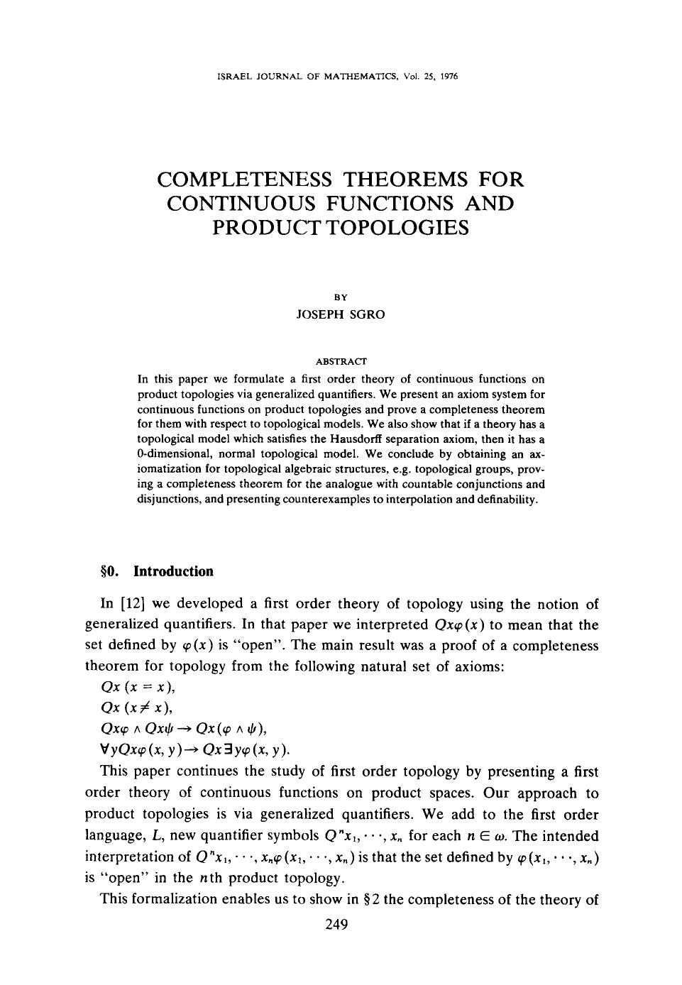 Completeness theorems for continuous functions and product topologies by Unknown