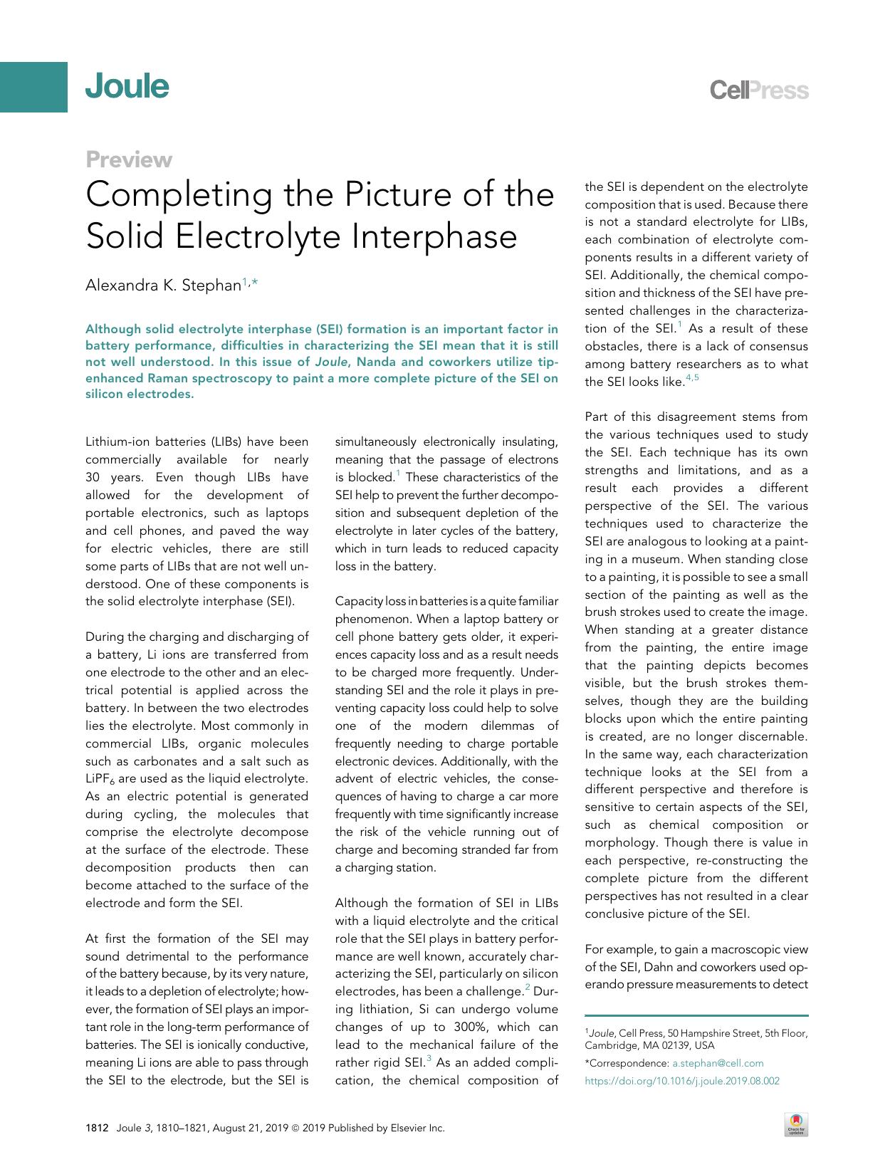 Completing the Picture of the Solid Electrolyte Interphase by Alexandra K. Stephan