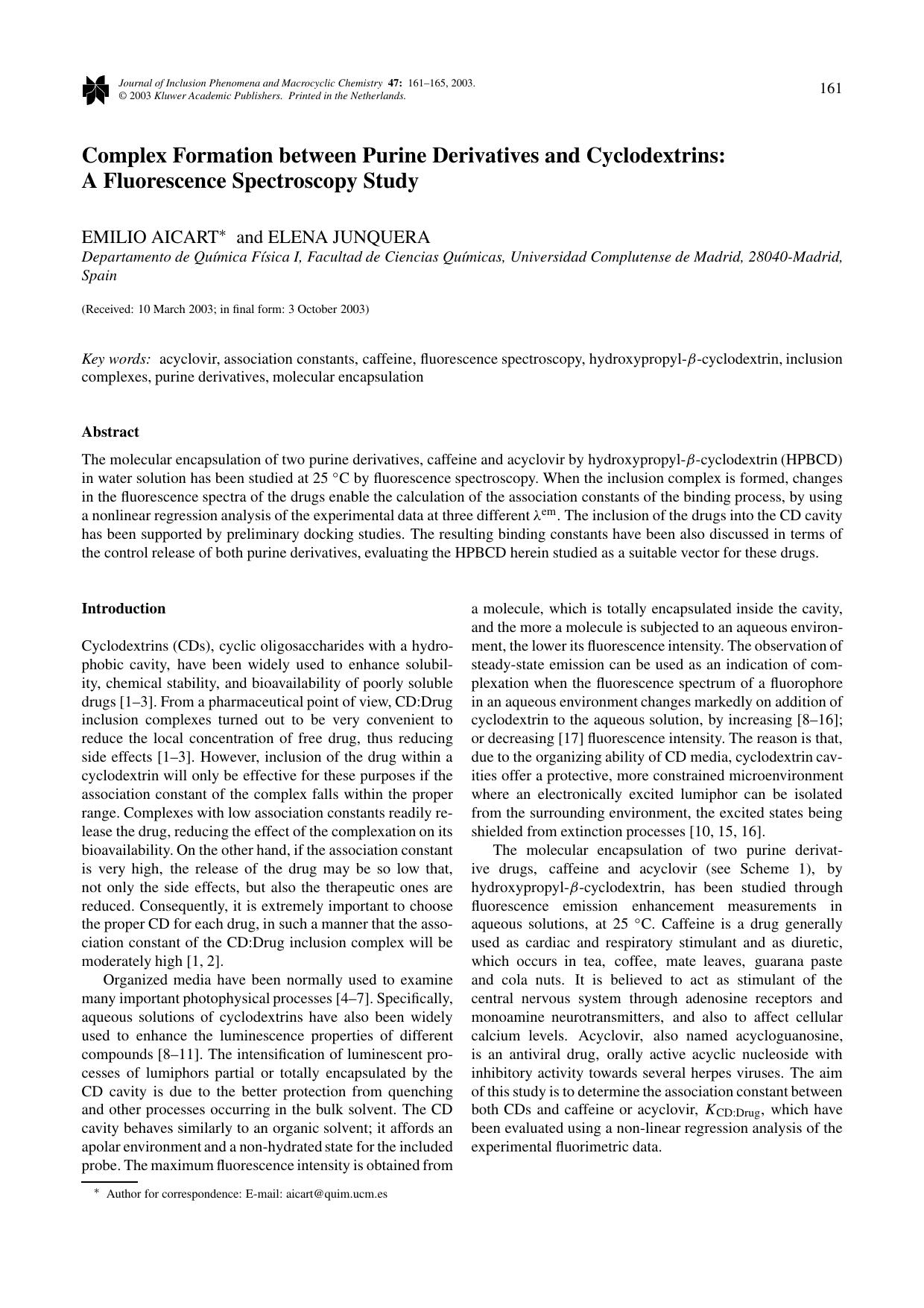 Complex Formation between Purine Derivatives and Cyclodextrins: A Fluorescence Spectroscopy Study by Unknown
