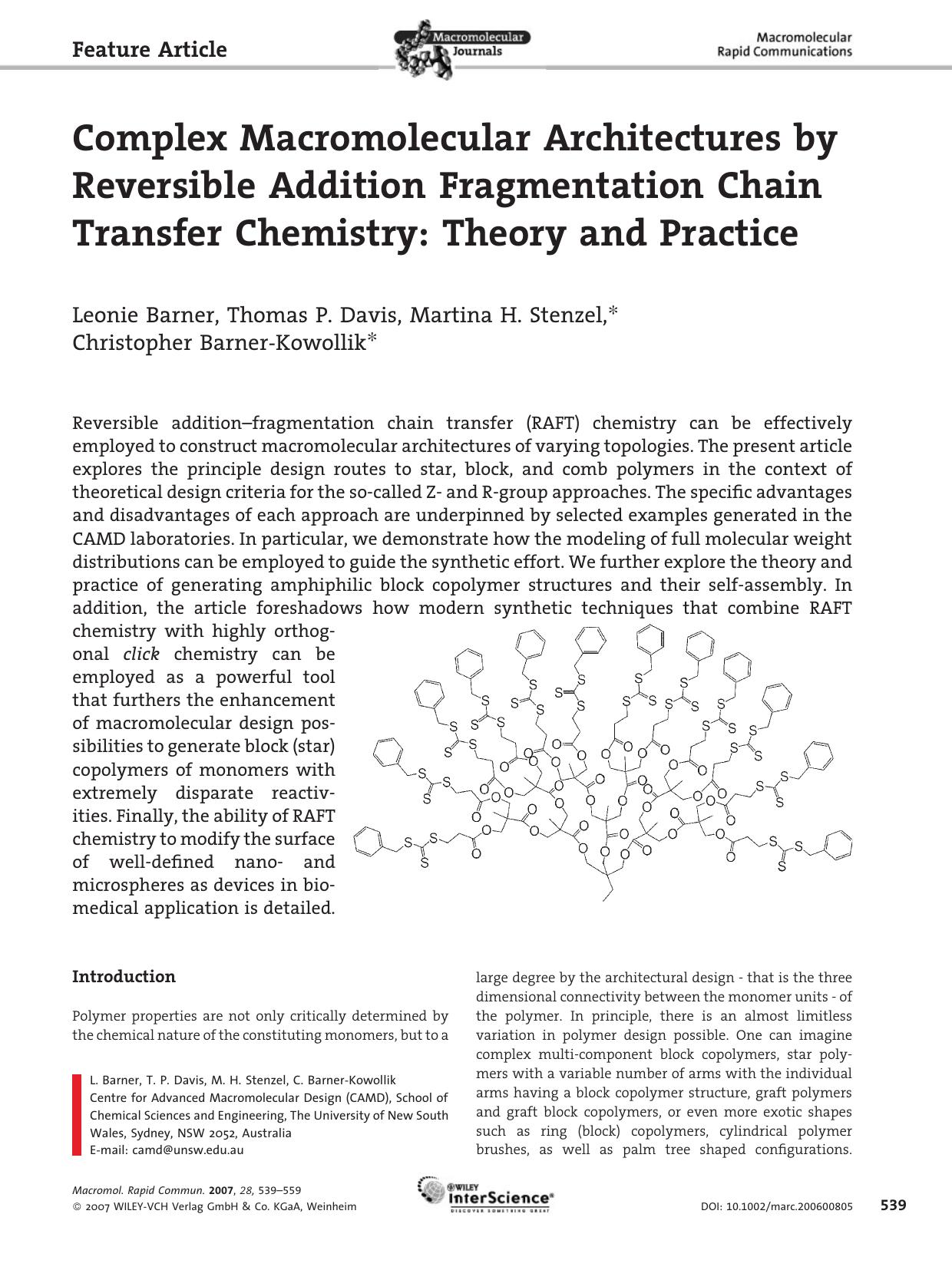 Complex Macromolecular Architectures by Reversible Addition Fragmentation Chain Transfer Chemistry: Theory and Practice by Unknown
