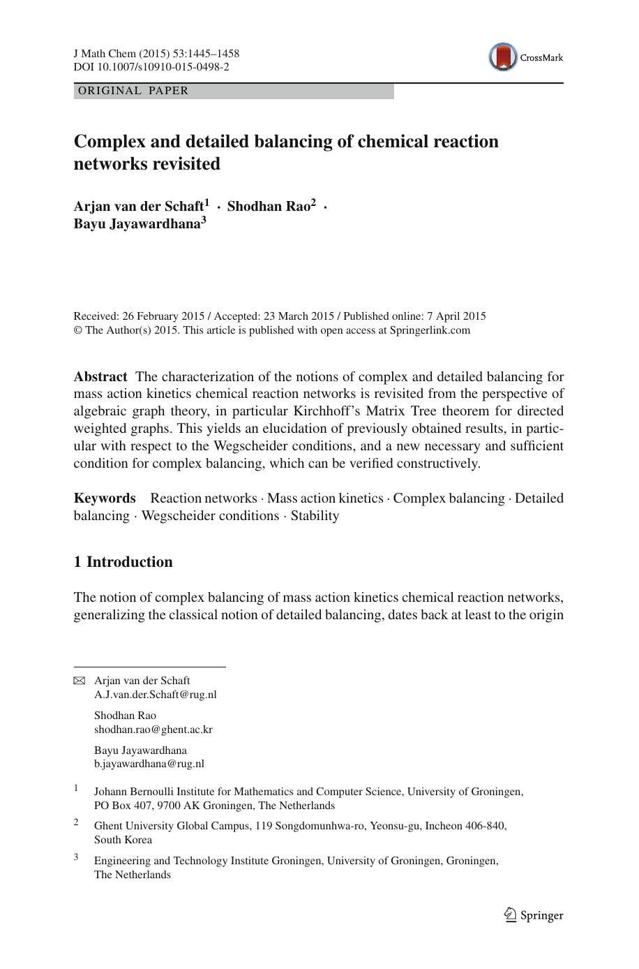 Complex and detailed balancing of chemical reaction networks revisited by Arjan Schaft & Shodhan Rao & Bayu Jayawardhana