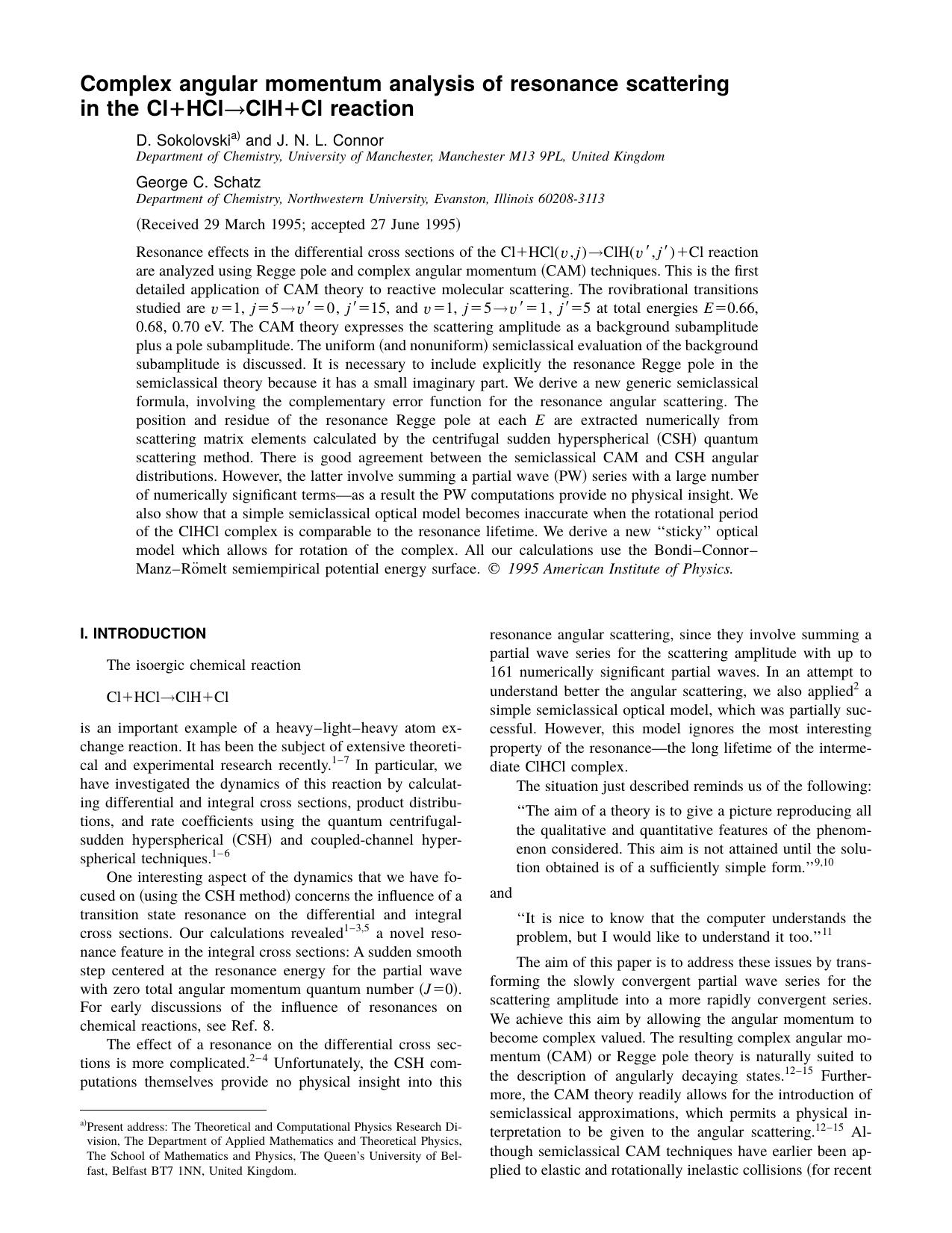 Complex angular momentum analysis of resonance scattering in the Cl1HCl ClH1Cl reaction by D. Sokolovski and J. N. L. Connor & George C. Schatz