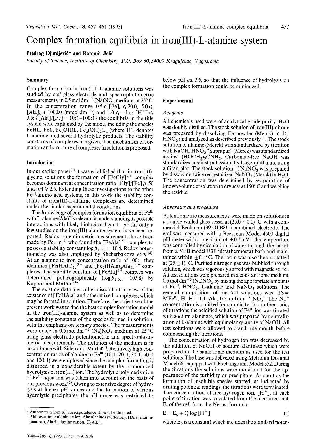 Complex formation equilibria in iron(III)-L-alanine system by Unknown
