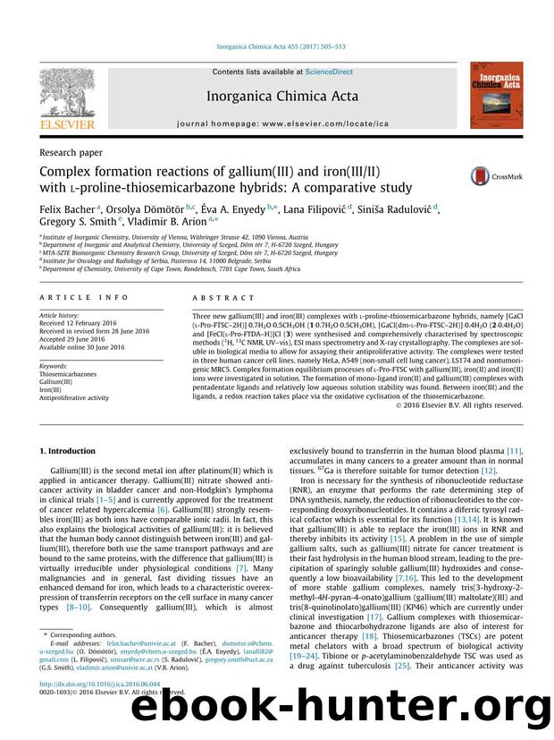 Complex formation reactions of gallium(III) and iron(IIIII) with l-proline-thiosemicarbazone hybrids: A comparative study by unknow