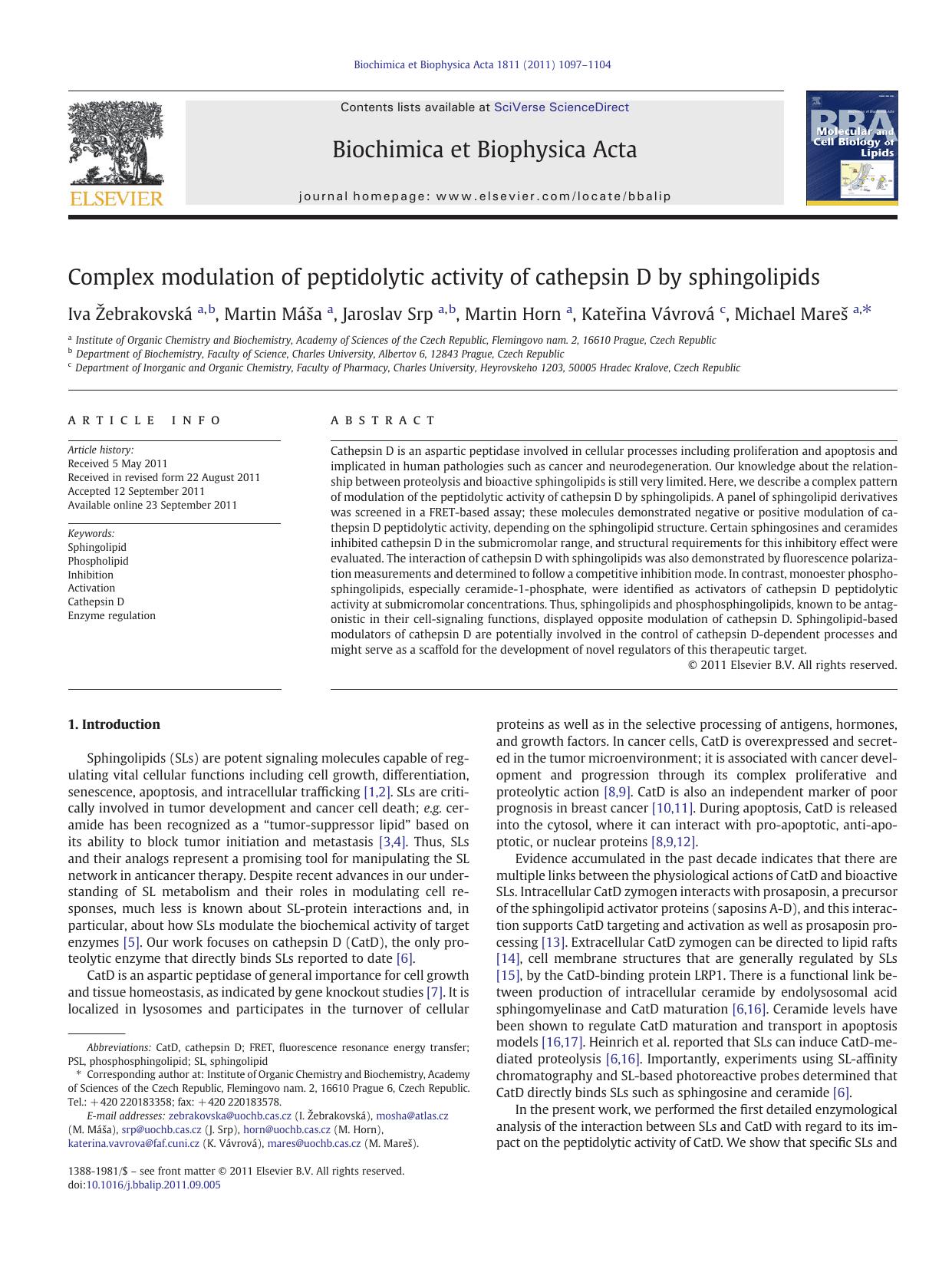 Complex modulation of peptidolytic activity of cathepsin D by sphingolipids by unknow