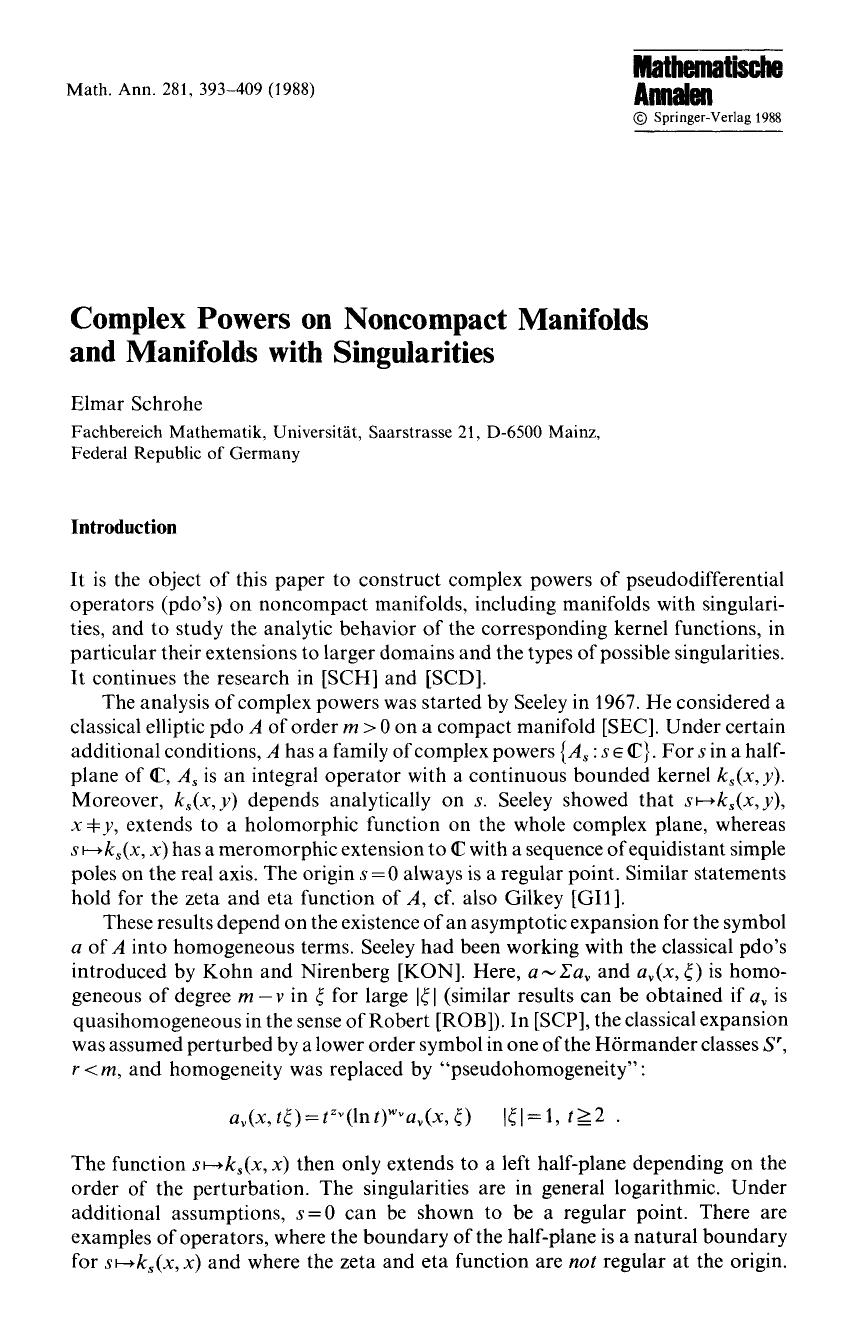 Complex powers on noncompact manifolds and manifolds with singularities by Unknown