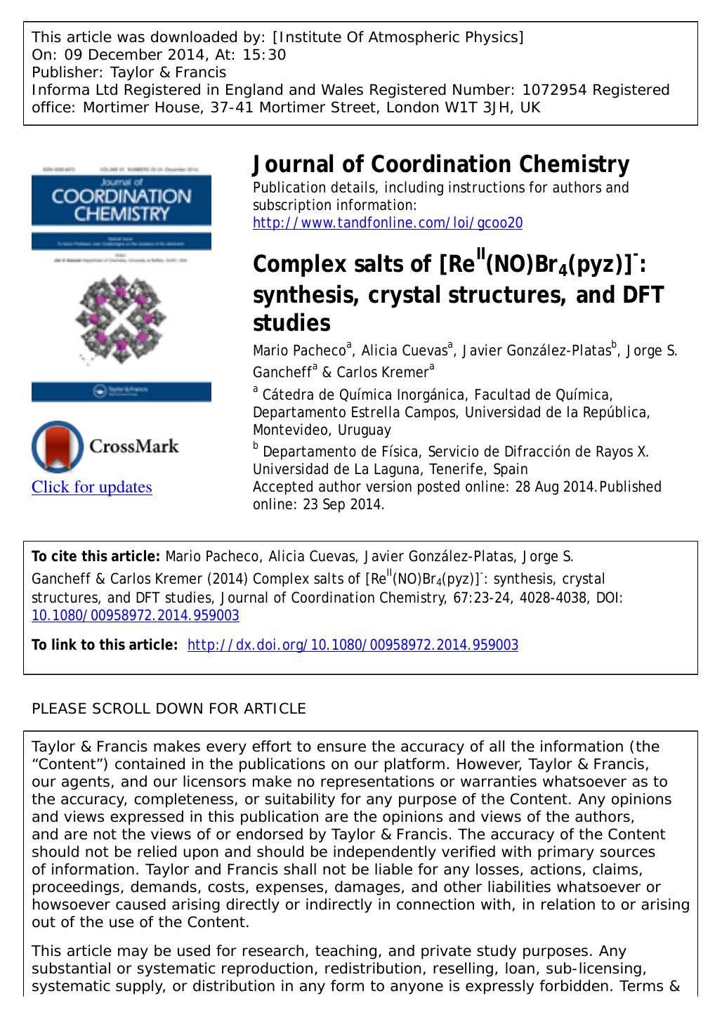 Complex salts of [ReII(NO)Br4(pyz)]â: synthesis, crystal structures, and DFT studies by Mario Pacheco