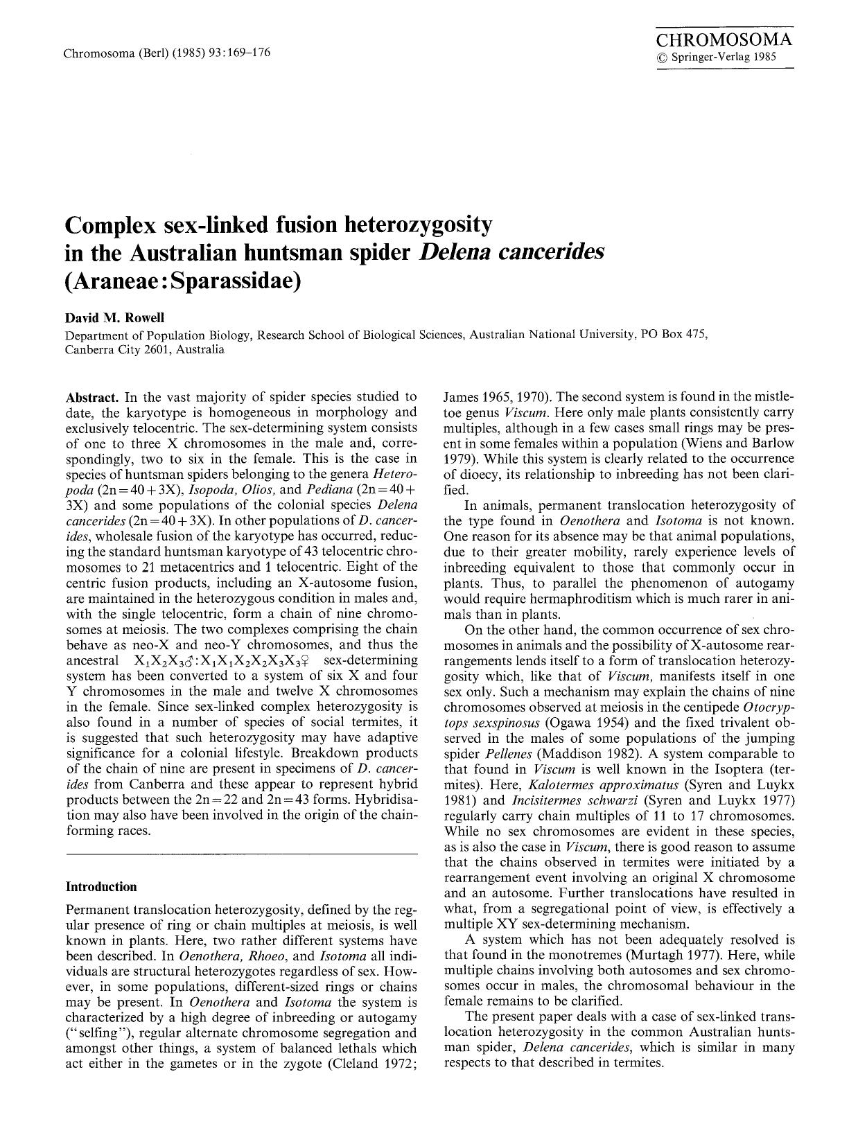 Complex sex-linked fusion heterozygosity in the Australian huntsman spider <Emphasis Type="Italic">Delena cancerides<Emphasis> (Araneae: Sparassidae) by Unknown