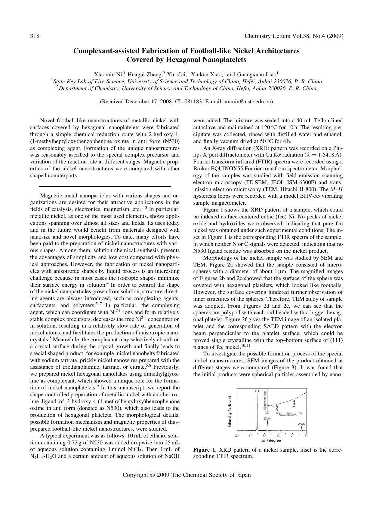 Complexant-assisted Fabrication of Football-like Nickel Architectures Covered by Hexagonal Nanoplatelets by Xiaomin Ni Huagui Zheng Xin Cai Xiukun Xiao & Guangxuan Liao