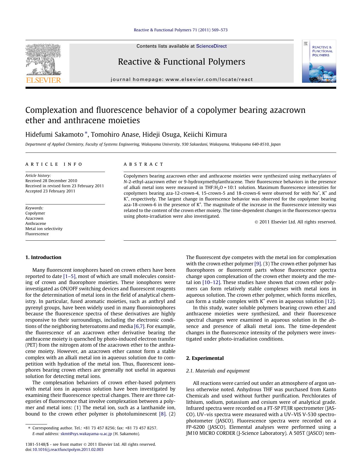 Complexation and fluorescence behavior of a copolymer bearing azacrown ether and anthracene moieties by Hidefumi Sakamoto & Tomohiro Anase & Hideji Osuga & Keiichi Kimura