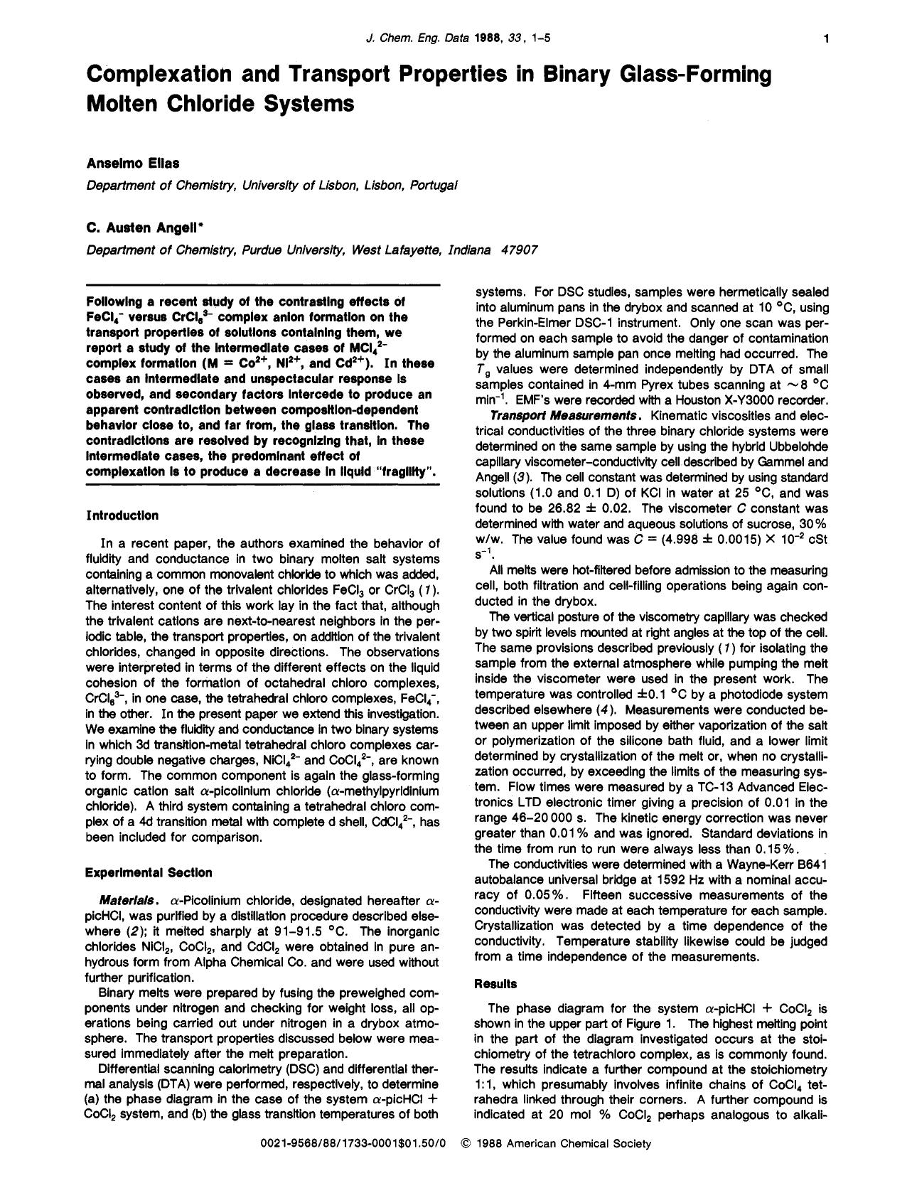 Complexation and transport properties in binary glass-forming molten chloride systems by Anselmo Elias C. Austen Angell