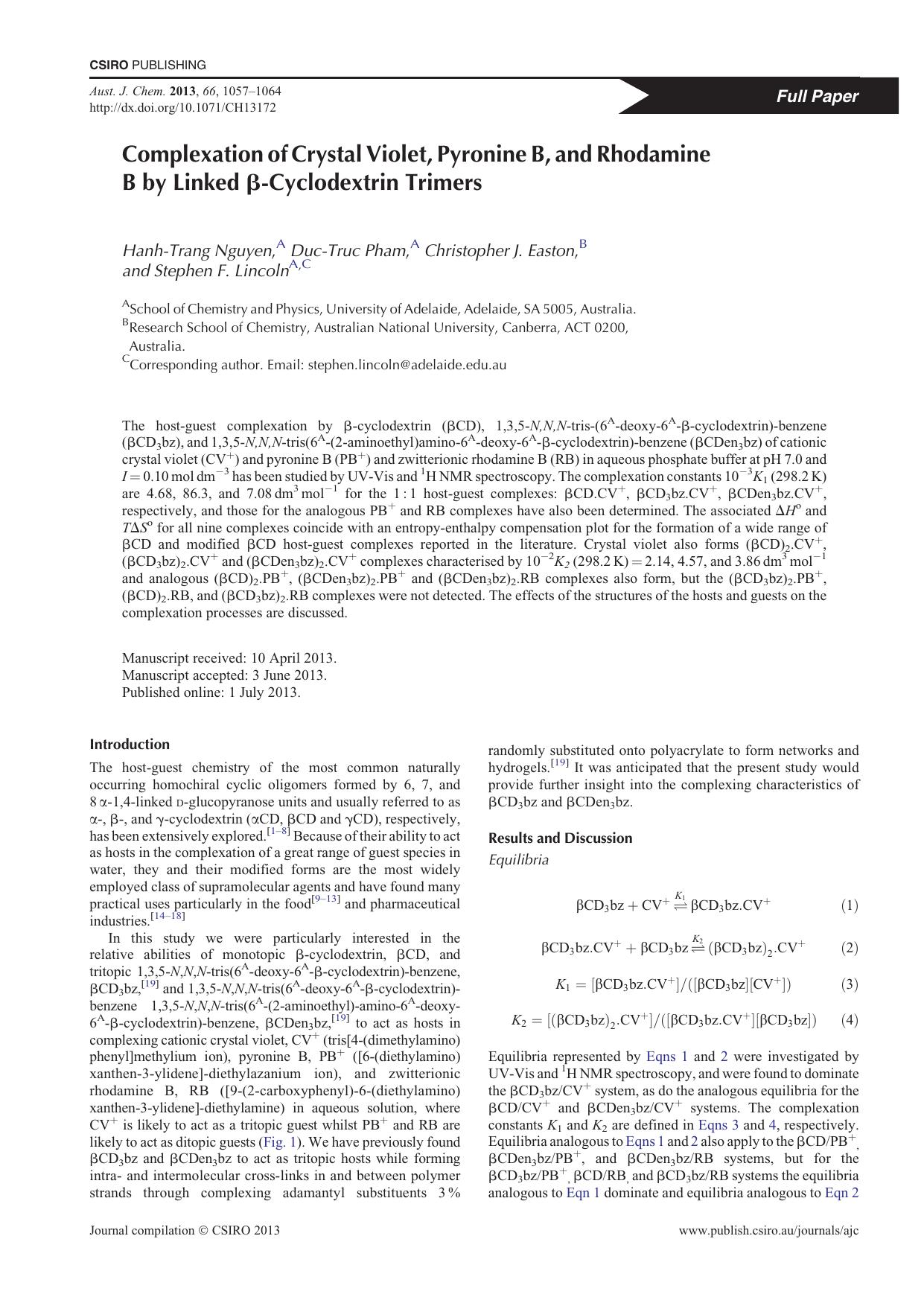 Complexation of Crystal Violet, Pyronine B, and Rhodamine B by Linked beta-Cyclodextrin Trimers by H.-T. Nguyen et al