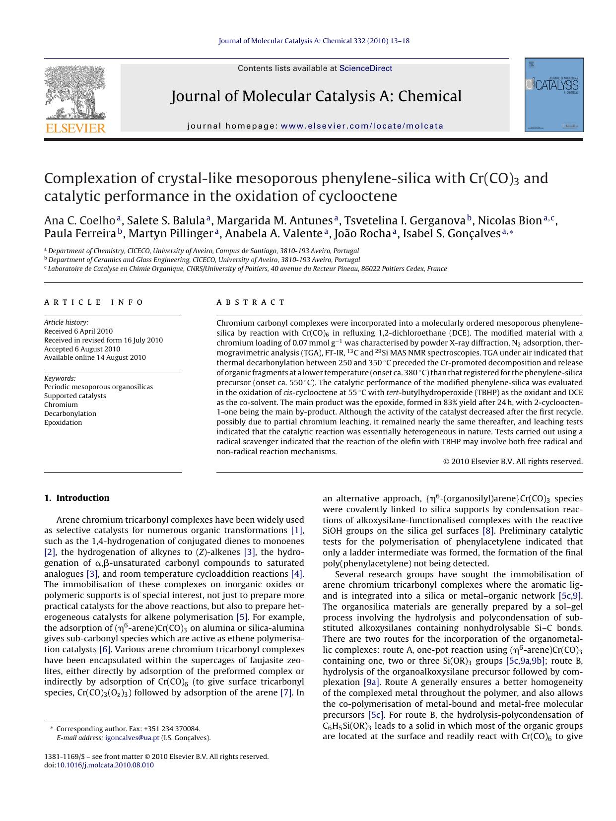Complexation of crystal-like mesoporous phenylene-silica with Cr(CO)3 and catalytic performance in the oxidation of cyclooctene by Ana C. Coelho