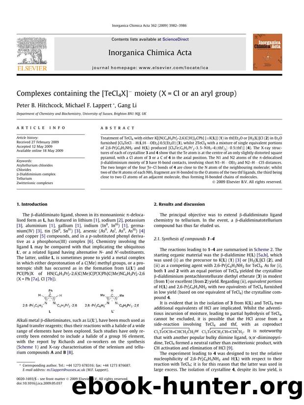 Complexes containing the [TeCl4X]â moiety (X=Cl or an aryl group) by Peter B. Hitchcock; Michael F. Lappert; Gang Li
