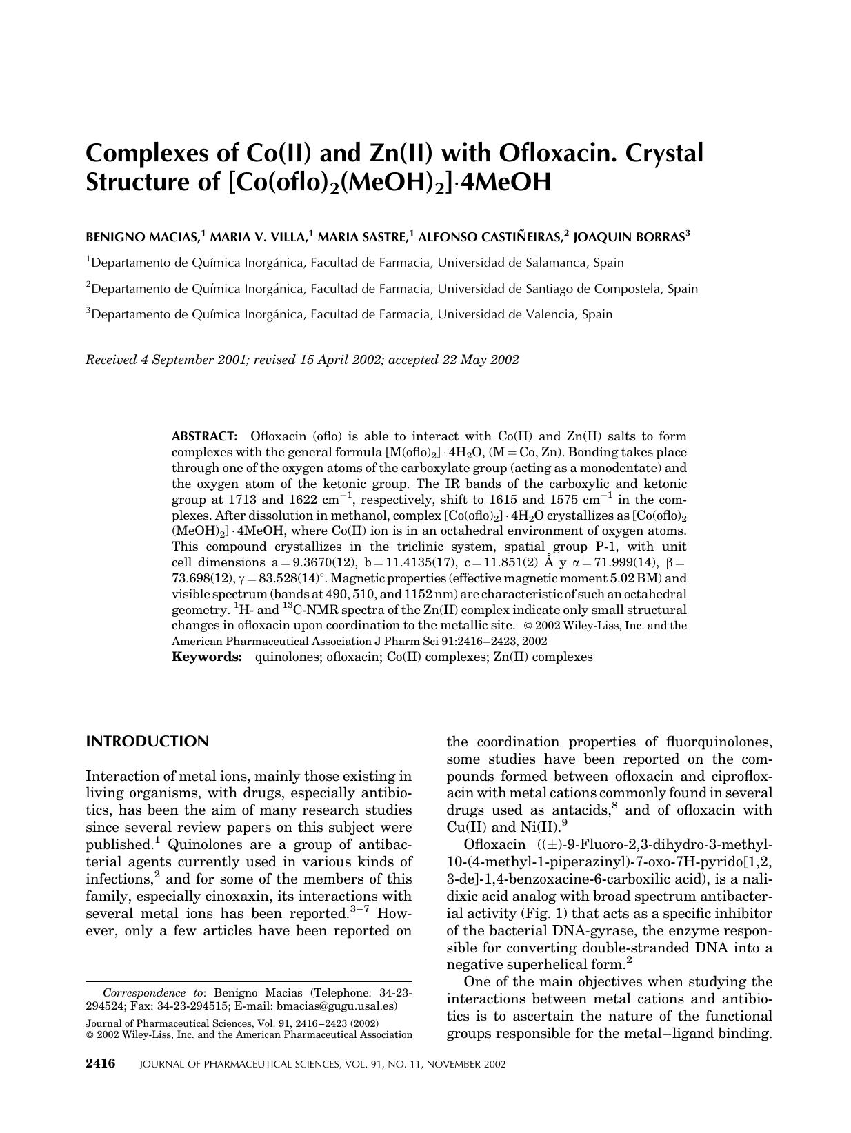 Complexes of Co(II) and Zn(II) with ofloxacin. Crystal structure of [Co(oflo)2(MeOH)2]Â·4MeOH by Unknown