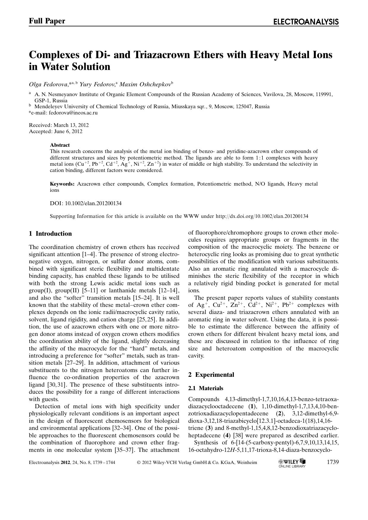 Complexes of Di and Triazacrown Ethers with Heavy Metal Ions in Water Solution by Unknown