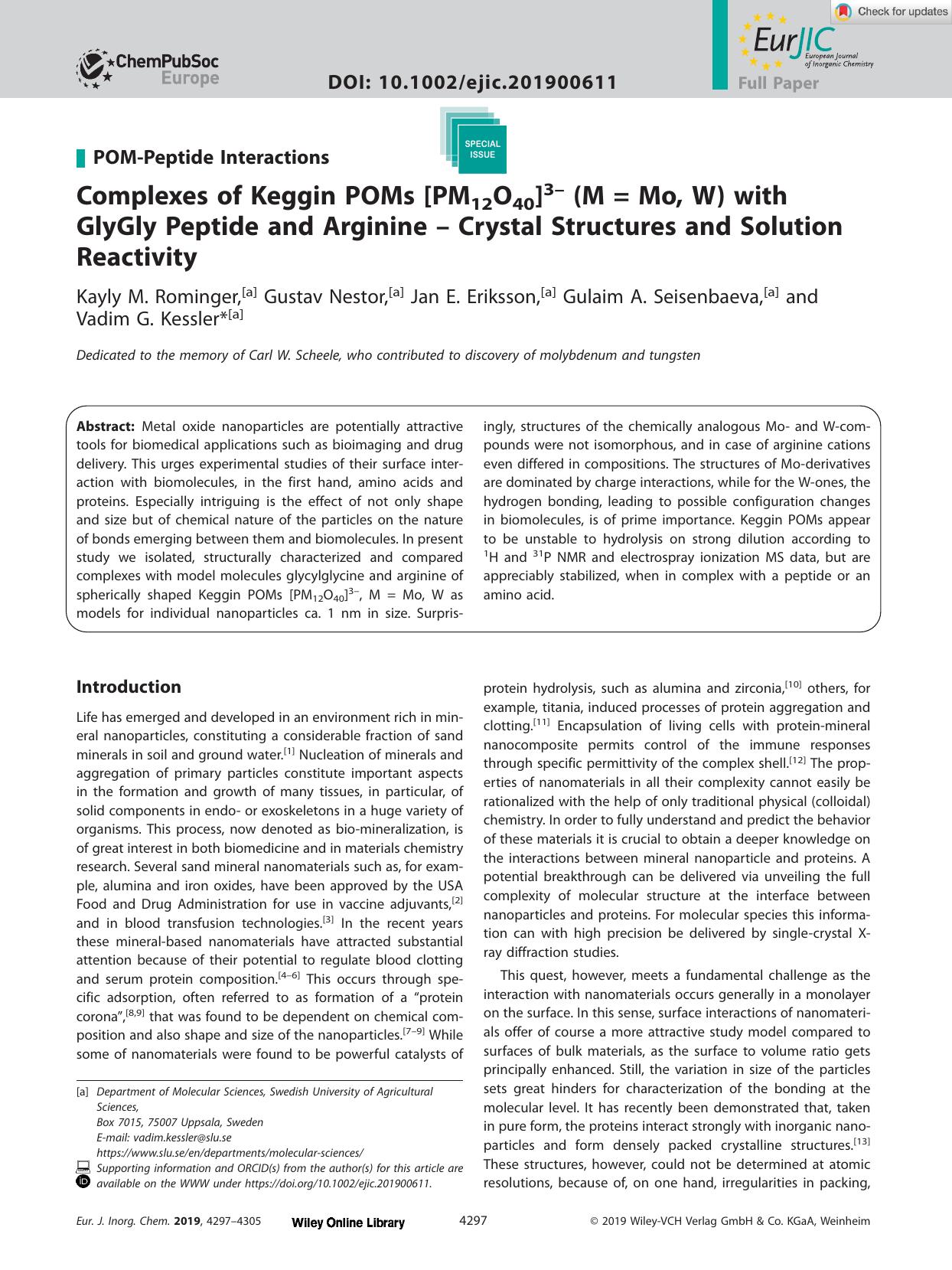 Complexes of Keggin POMs [PM12O40]3â (M = Mo, W) with GlyGly Peptide and Arginine â Crystal Structures and Solution Reactivity by Unknown