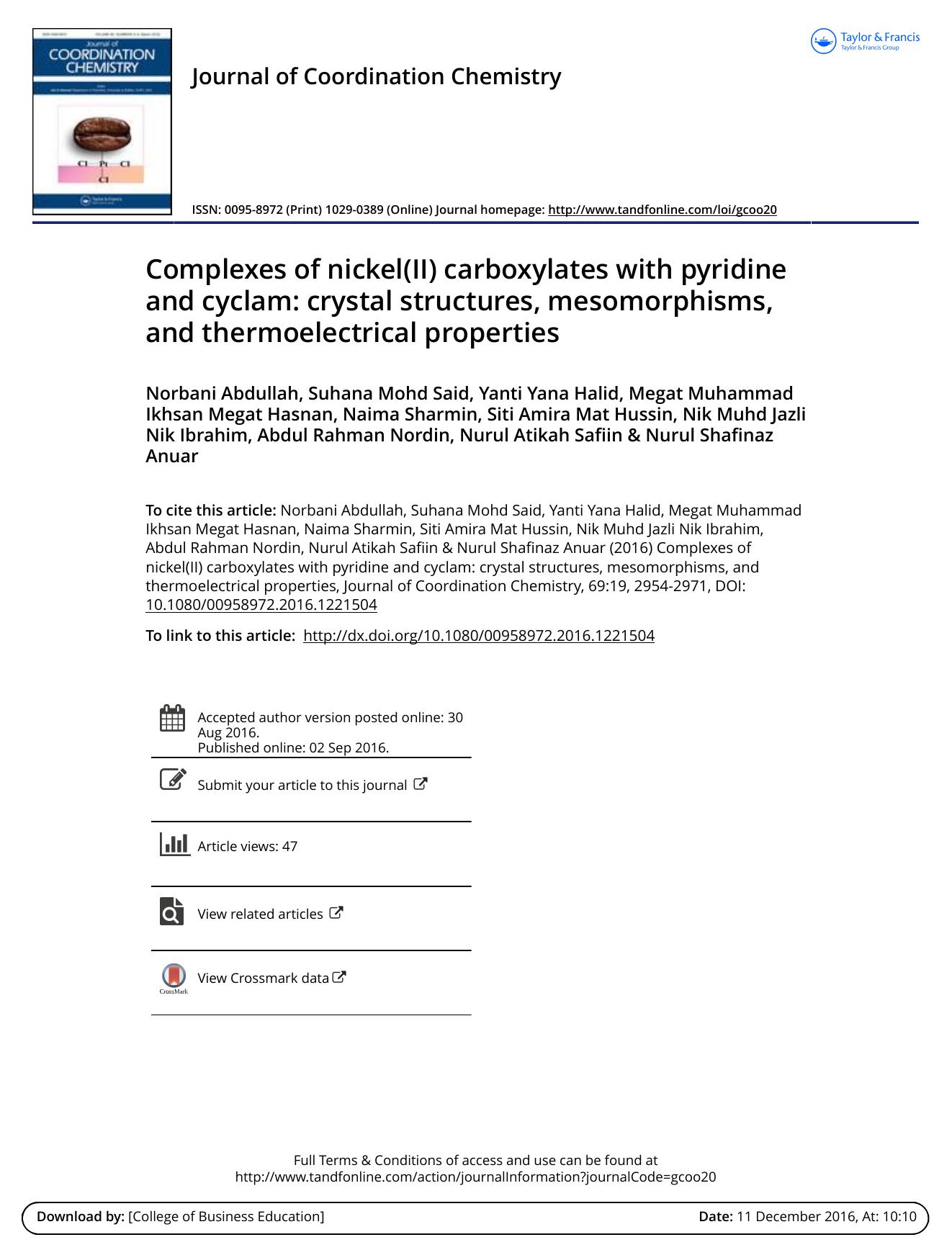 Complexes of nickel(II) carboxylates with pyridine and cyclam: crystal structures, mesomorphisms, and thermoelectrical properties by unknow
