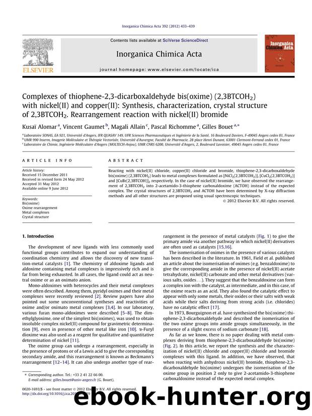 Complexes of thiophene-2,3-dicarboxaldehyde bis(oxime) (2,3BTCOH2) with nickel(II) and copper(II): Synthesis, characterization, crystal structure of 2,3BTCOH2. Rearrangement reacti by KusaÃ¯ Alomar & Vincent Gaumet & Magali Allain & Pascal Richomme & Gilles Bouet