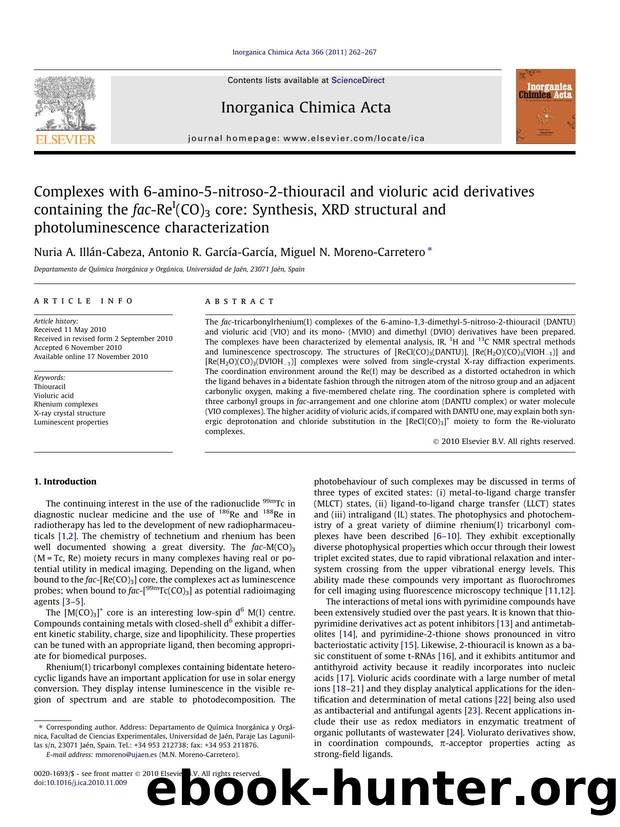 Complexes with 6-amino-5-nitroso-2-thiouracil and violuric acid derivatives containing the fac-ReI(CO)3 core: Synthesis, XRD structural and photoluminescence characterization by Nuria A. IllÃ¡n-Cabeza & Antonio R. García-García & Miguel N. Moreno-Carretero