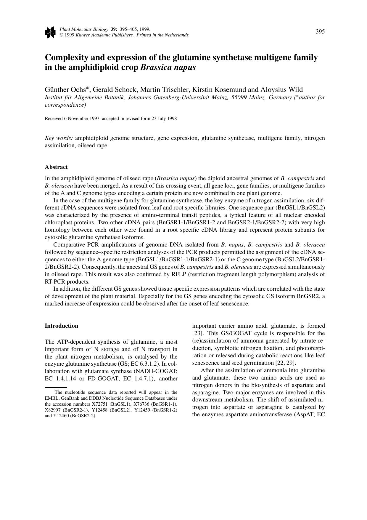 Complexity and expression of the glutamine synthetase multigene family in the amphidiploid crop Brassica napus by Unknown