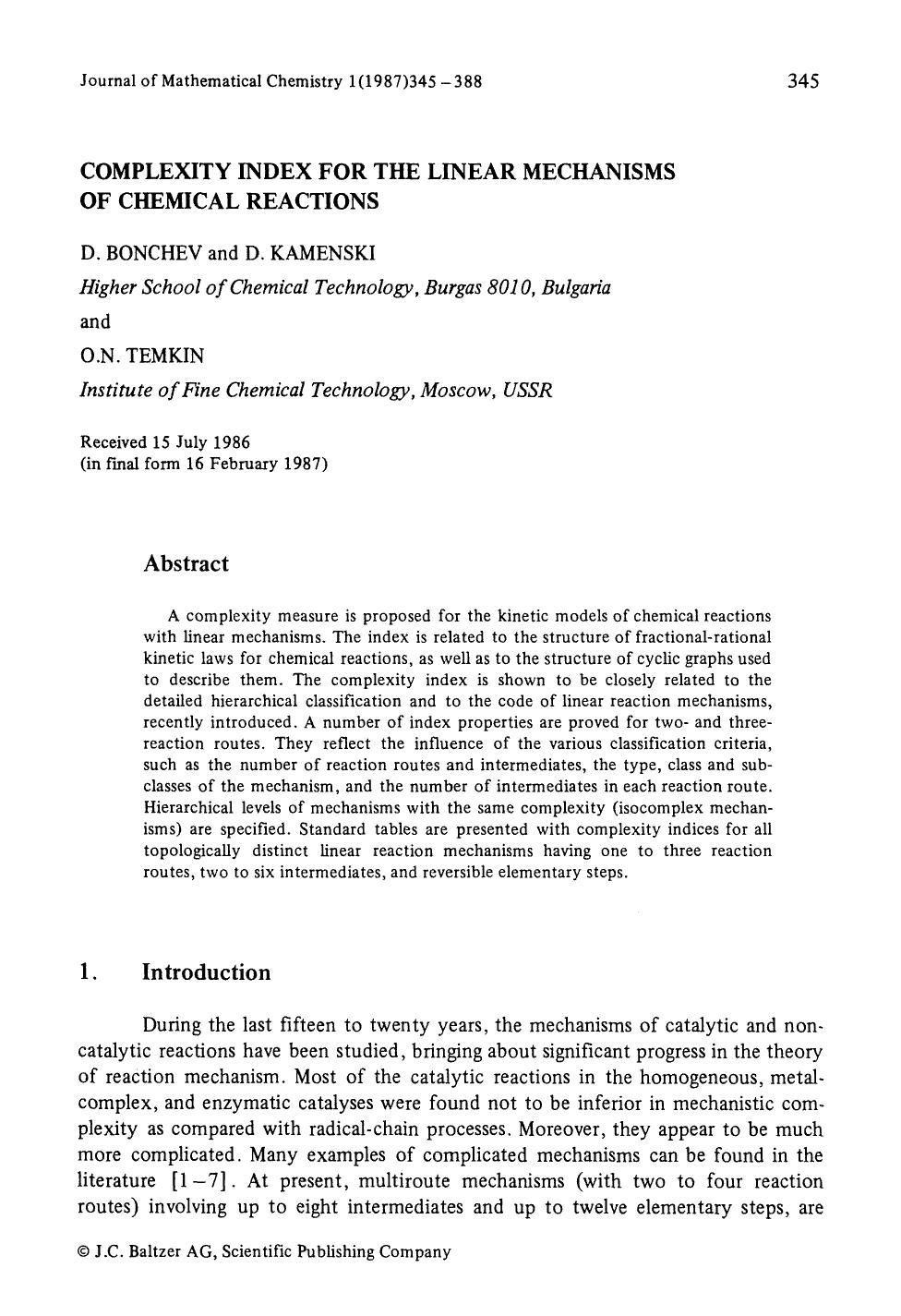 Complexity index for the linear mechanisms of chemical reactions by Unknown