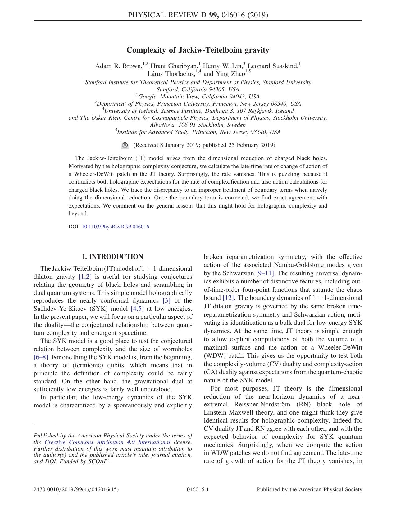 Complexity of Jackiw-Teitelboim gravity by Adam R. Brown & Hrant Gharibyan & Henry W. Lin & Leonard Susskind & Lárus Thorlacius & Ying Zhao