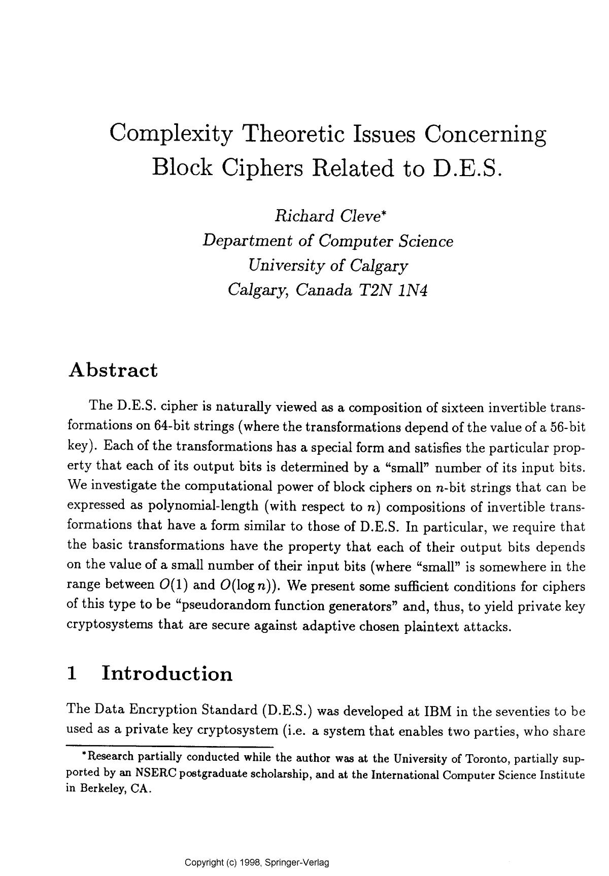 Complexity theoretic issues concerning block ciphers related to D.E.S. by Cleve R