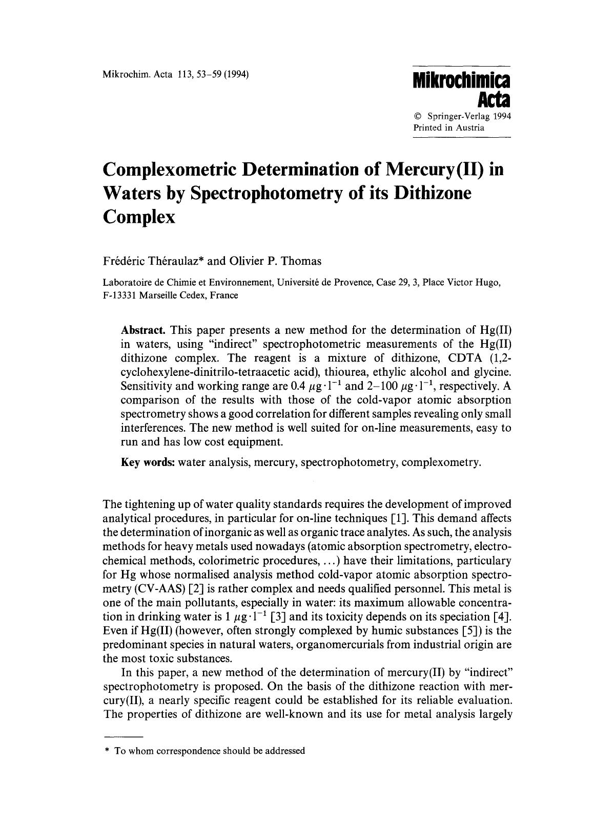 Complexometric determination of mercury(II) in waters by spectrophotometry of its dithizone complex by Unknown