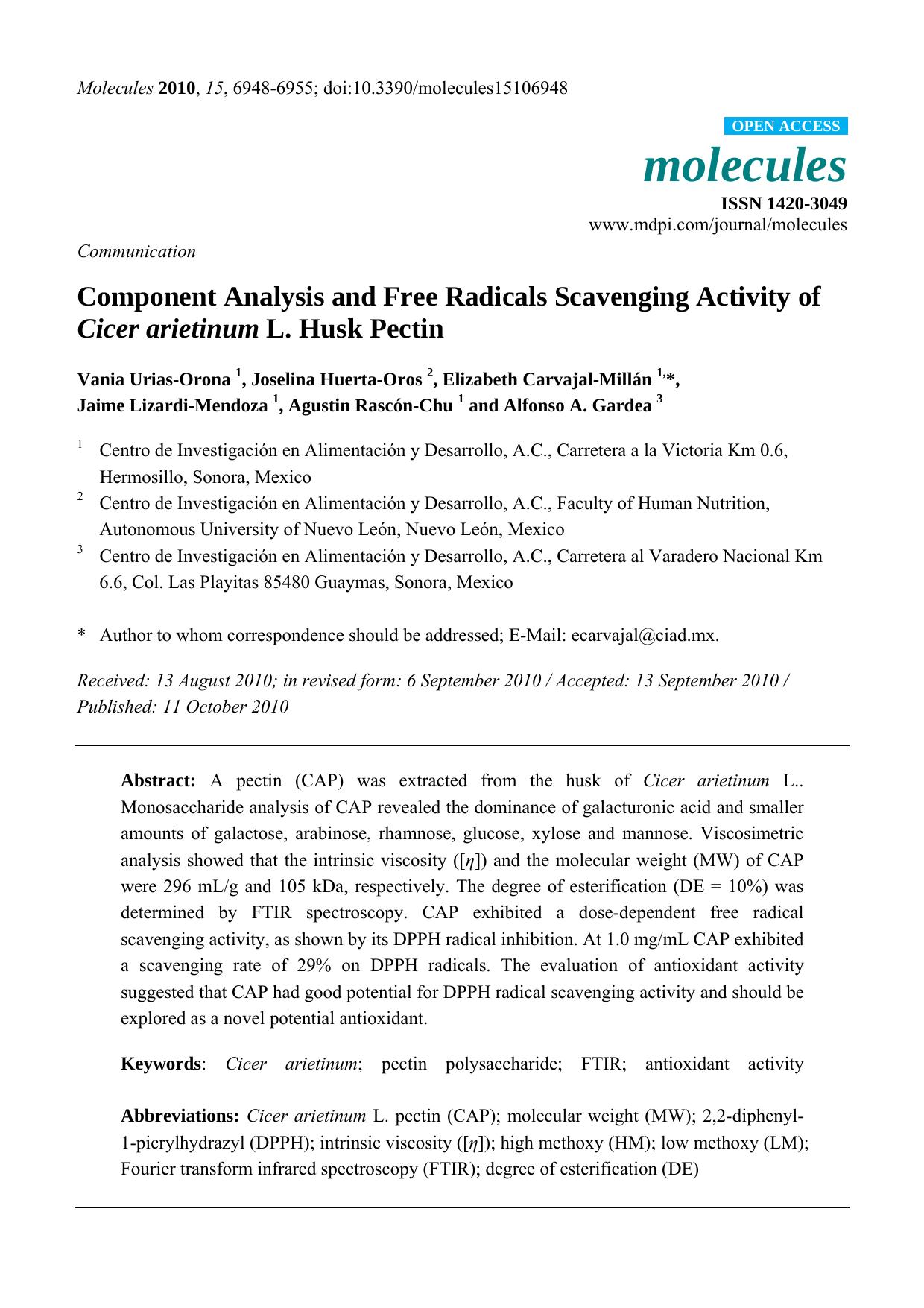 Component Analysis and Free Radicals Scavenging Activity of Cicer arietinum L. Husk Pectin by unknow