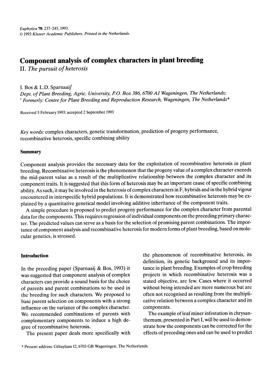 Component analysis of complex characters in plant breeding by Unknown