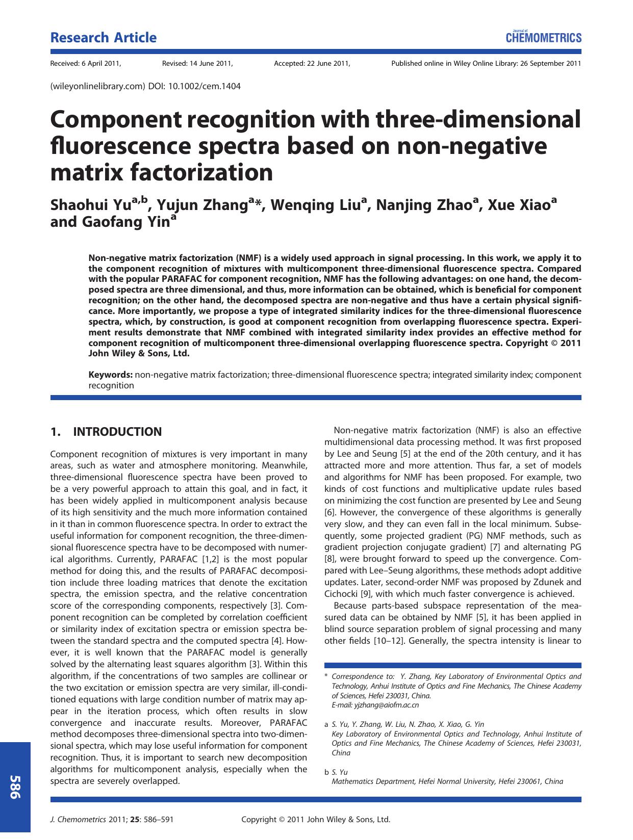Component recognition with threedimensional fluorescence spectra based on nonnegative matrix factorization by Unknown