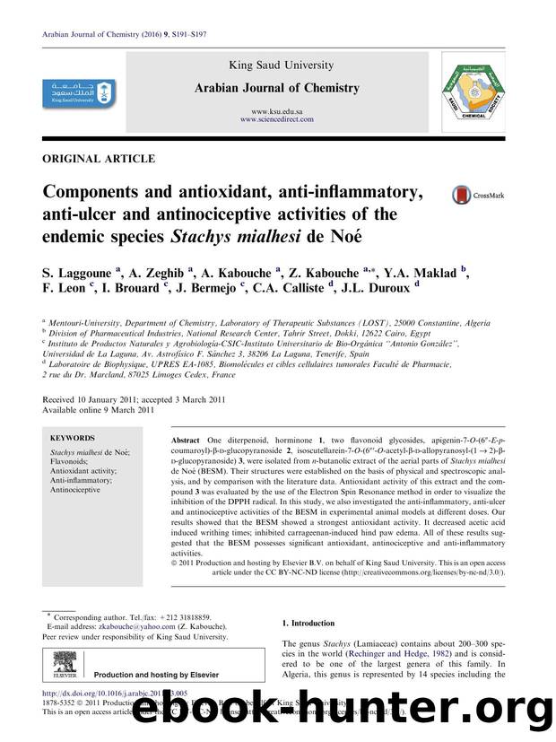 Components and antioxidant, anti-inflammatory, anti-ulcer and antinociceptive activities of the endemic species Stachys mialhesi de NoÃÂ© by unknow