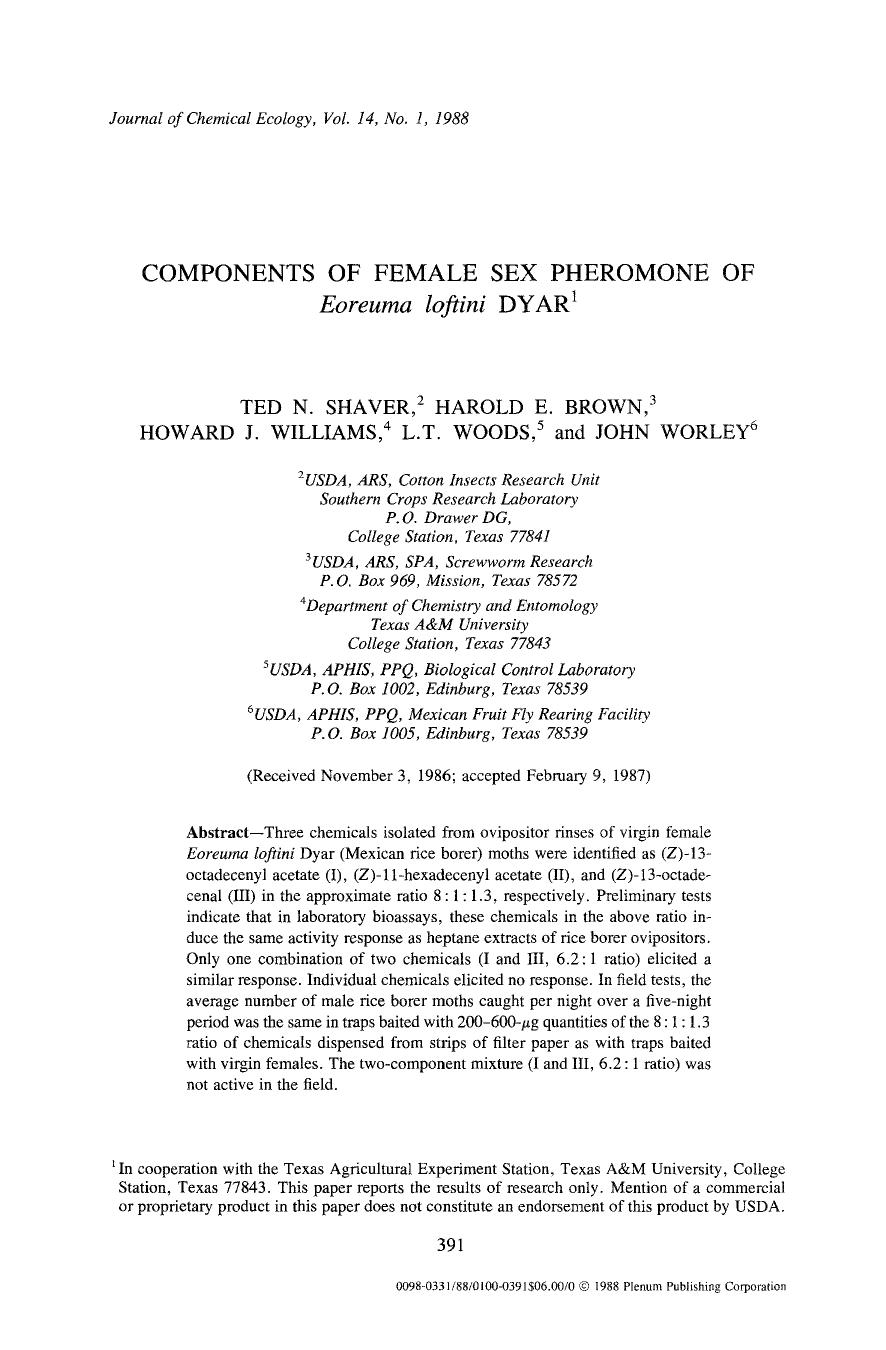 Components of female sex pheromone of <Emphasis Type="Italic">Eoreuma loftini <Emphasis> Dyar by Unknown