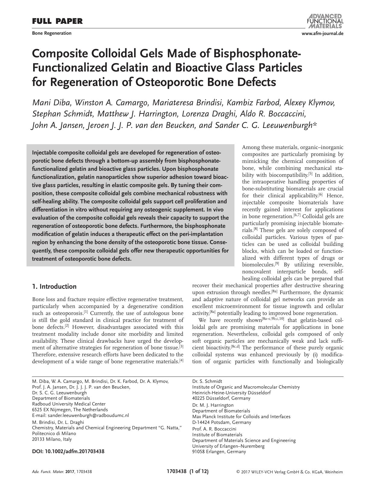 Composite Colloidal Gels Made of Bisphosphonate‐Functionalized Gelatin and Bioactive Glass Particles for Regeneration of Osteoporotic Bone Defects by Unknown