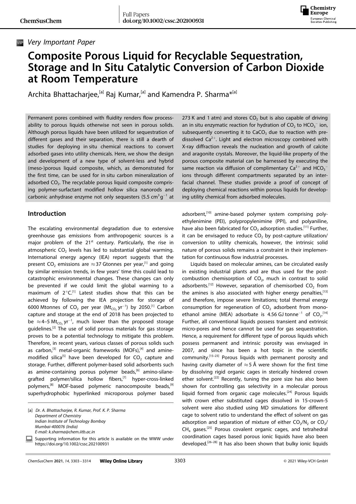 Composite Porous Liquid for Recyclable Sequestration, Storage and InâSitu Catalytic Conversion of Carbon Dioxide at Room Temperature by Unknown